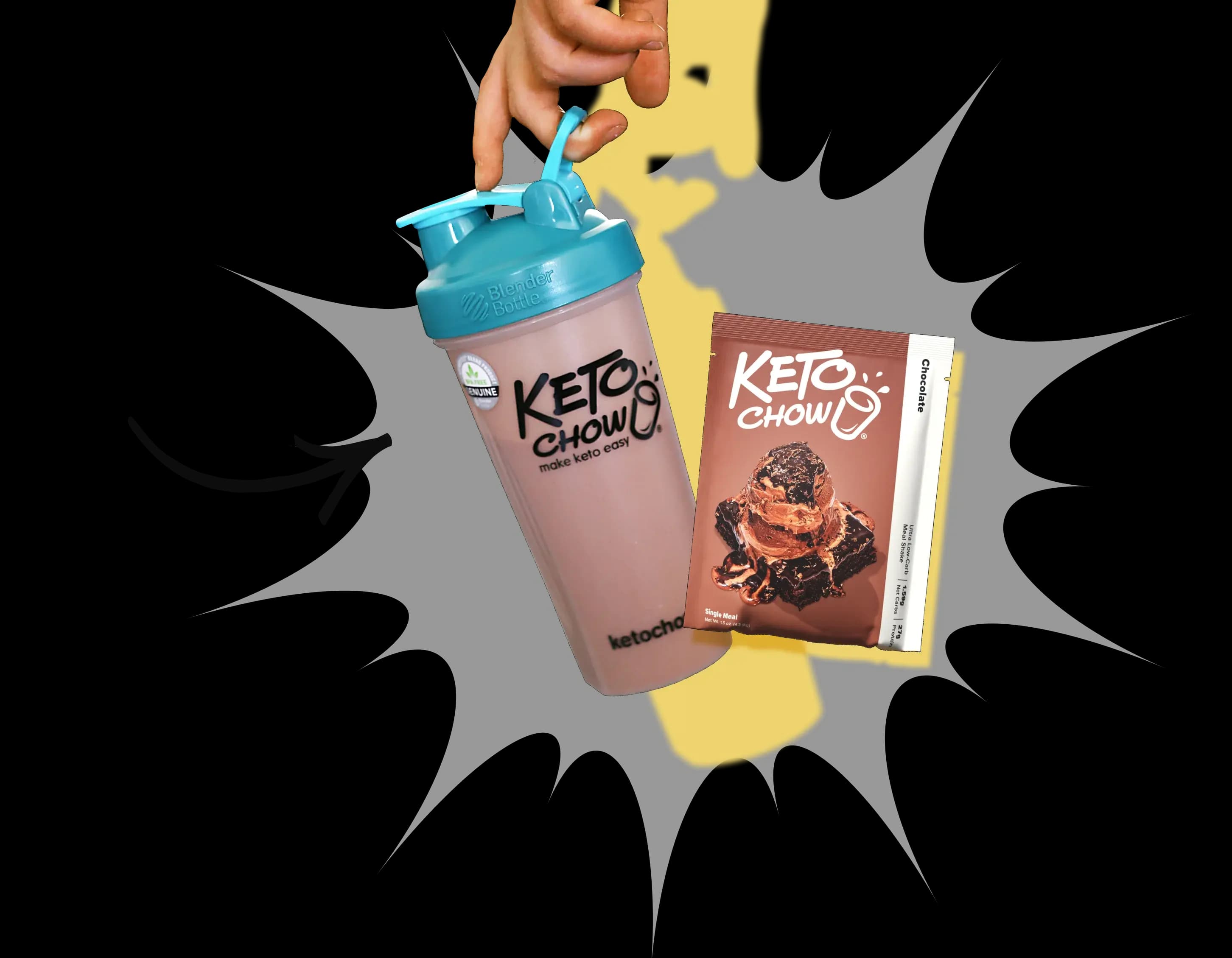 A hand holds a Blender Bottle shaker cup filled with a brown shake next to a single-meal packet of chocolate flavor Keto Chow. The shaker bottle features a teal lid and the Keto Chow logo. The packet displays a picture of chocolate brownies topped with ice cream and chocolate syrup. A black curved arrow points toward the products on a plain white background.