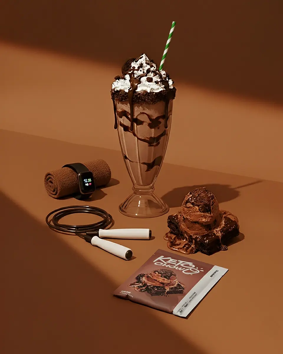A chocolate Keto Chow shake, a jump rope, a brownie with chocolate ice cream, and a packet of Chocolate Keto Chow on a brown background.
