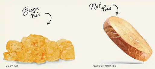 Two distinct piles are on a light beige background. On the left is a pile of yellow-orange clusters labeled BODY FAT with an arrow pointing to it and text that says Burn this. On the right is a golden-brown slice of bread labeled CARBOHYDRATES with an arrow pointing to it and text that says Not this.