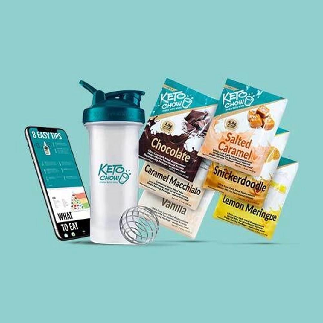 A Keto Chow BlenderBottle® using a phone with Keto Chow meals next to it