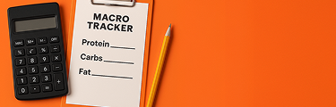 A clipboard with a Macro Tracker sheet is next to a calculator and a yellow pencil on an orange background. The sheet has fill-in-the-blank lines for Protein, Carbs, and Fat.