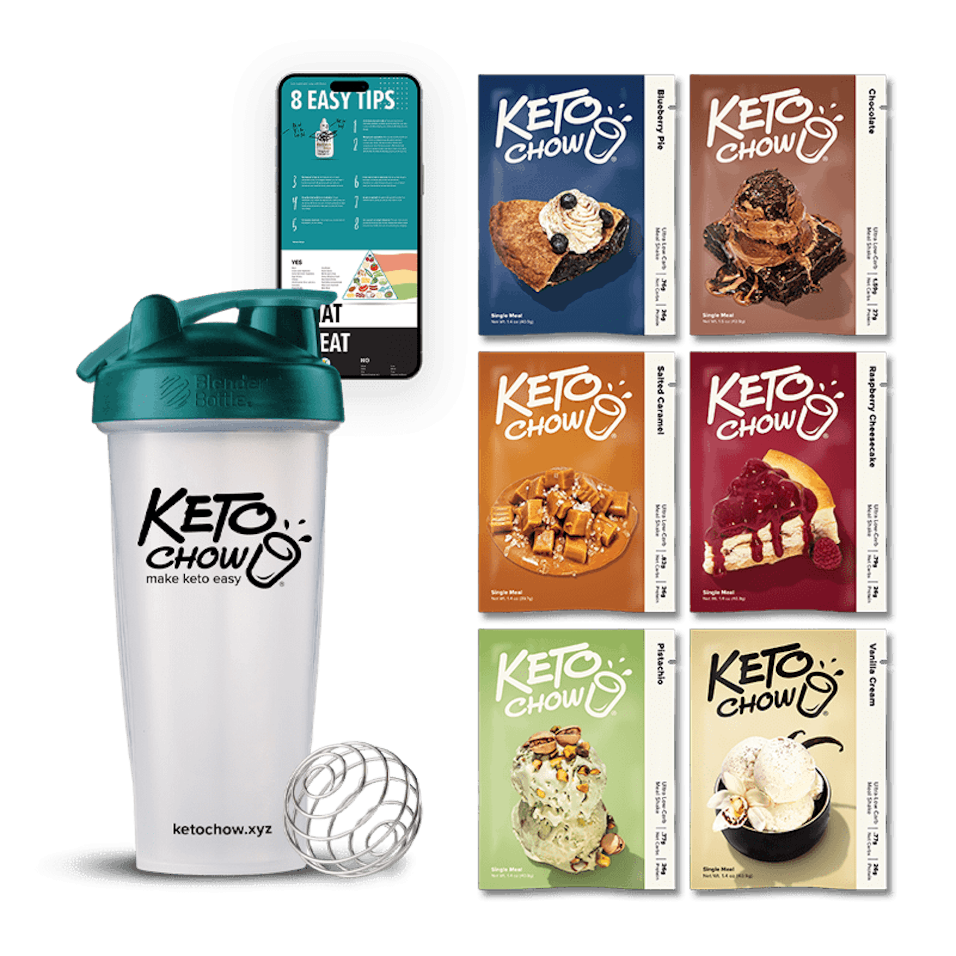 The Keto Chow Essentials Kit, a digital guide shown on a mobile phone, 1 BlenderBottle®, 1 Caramel Macchiato, 1 Chocolate, 1 Lemon Meringue, 1 Salted Caramel, 1 Snickerdoodle, 1 Vanilla