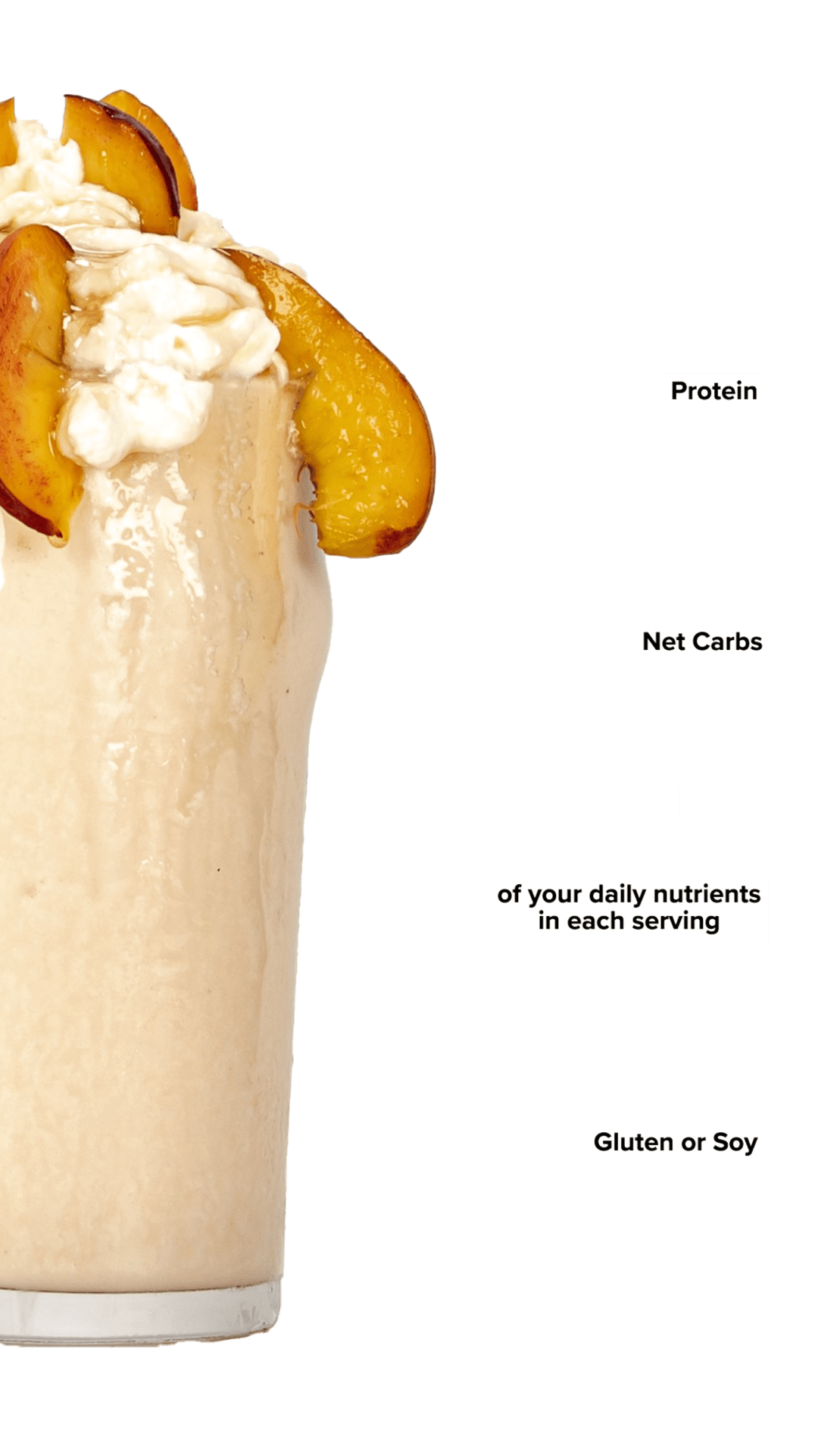 Peaches & Cream Keto Chow shake with macro information