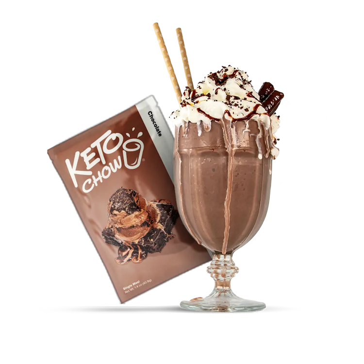 A chocolate Keto Chow shake and package