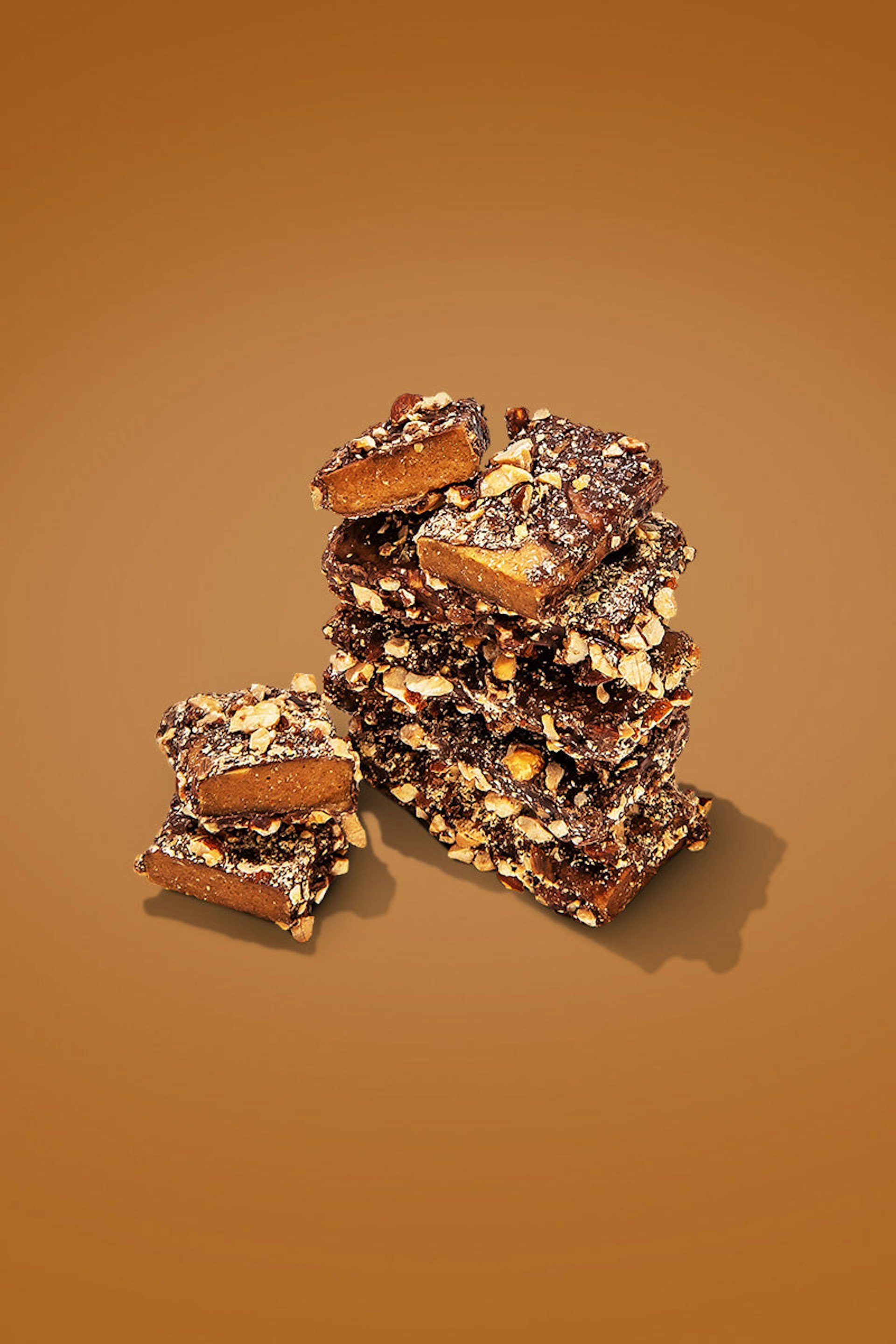 A stack of chocolate toffee piled high