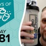 KETO CHOW shaker bottle with beige liquid and KETO CHOW label including ketochow.xyz. A teal graphic promoting 100 DAYS OF KETO CHOW DAY 081 appears next to it.