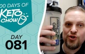 KETO CHOW shaker bottle with beige liquid and KETO CHOW label including ketochow.xyz. A teal graphic promoting 100 DAYS OF KETO CHOW DAY 081 appears next to it.