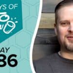 A man smiles next to a teal graphic with 100 DAYS OF KETO CHOW text, a stylized cup logo, and DAY 086.