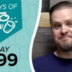 Teal and white Keto Chow 100 Days graphic with DAY 099. Man in blue shirt against wood background.