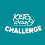 White KETO CHOW make keto easy logo with a stylized cup and liquid splashes, and the word CHALLENGE below, all on a teal background.