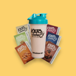 Keto Chow branded BlenderBottle shaker and six single meal pouches in various flavors including Vanilla Cream and Chocolate, with make keto easy text and ketochow.xyz.