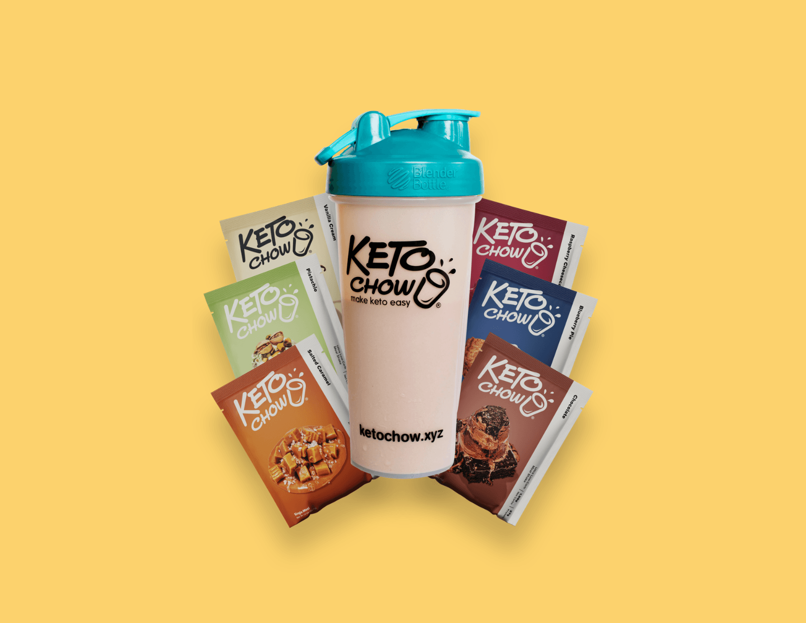 Keto Chow branded BlenderBottle shaker and six single meal pouches in various flavors including Vanilla Cream and Chocolate, with make keto easy text and ketochow.xyz.