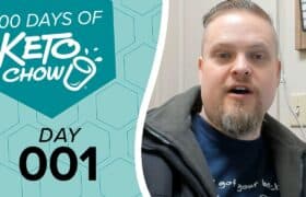 Teal and white graphic featuring 100 DAYS OF KETO CHOW with a cup logo and splash, over a hexagonal pattern. Black text below says DAY 001.