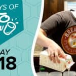 Man in a Breakfast t-shirt pouring heavy whipping cream from a white carton. Left panel shows 100 DAYS OF KETO CHOW logo on a teal background with DAY 018 text.