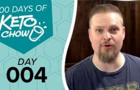 Keto Chow branding graphic: 100 DAYS OF KETO CHOW blender bottle logo, DAY 004. Teal and light teal hexagonal background.