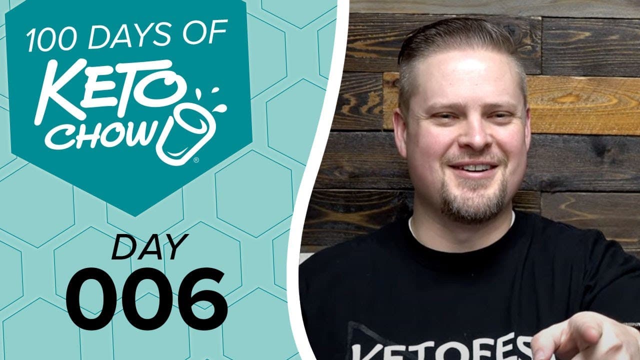 Split image. Left: Teal graphic with 100 DAYS OF KETO CHOW, a cup logo, and DAY 006 on a light blue honeycomb pattern. Right: Smiling man in a black KETOFEST shirt, dark wood background.