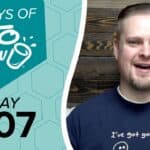 Left: Teal KETO CHOW branding 100 DAYS OF KETO CHOW DAY 007 graphic. Right: Man in navy t-shirt with I've got your back! text.