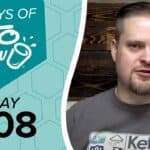 Keto Chow graphic with 100 DAYS OF KETO CHOW DAY 008, white shaker logo, teal hexagonal background. Man in grey Keto Chow shirt.