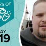 Graphic: 100 DAYS OF KETO CHOW logo, DAY 019 text, on teal and light blue-green hexagons. Right side shows a man.