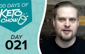 Keto Chow branding. White 100 DAYS OF KETO CHOW text and cup logo on dark teal. DAY 021 in black on light teal hexagonal pattern.