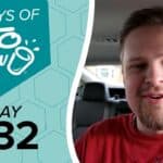 Teal graphic for 100 Days of KETO CHOW Day 032, featuring the KETO CHOW logo. Beside it, a man in a red shirt is in a car.