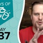 KETO CHOW branded graphic, teal with white logo and stylized cup. Text 100 DAYS OF and DAY 037. Hexagonal background.
