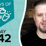 KETO CHOW logo and text 100 DAYS OF KETO CHOW and DAY 042 on a teal hexagonal graphic. A man with a beard is on the right.