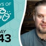 Teal graphic with 100 DAYS OF KETO CHOW and DAY 043 text, featuring a cup logo, next to a man with a beard.