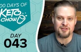 Teal graphic with 100 DAYS OF KETO CHOW and DAY 043 text, featuring a cup logo, next to a man with a beard.