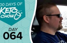 Teal graphic with 100 DAYS OF KETO CHOW in white text and a stylized cup logo. Below, DAY 064 in black text.