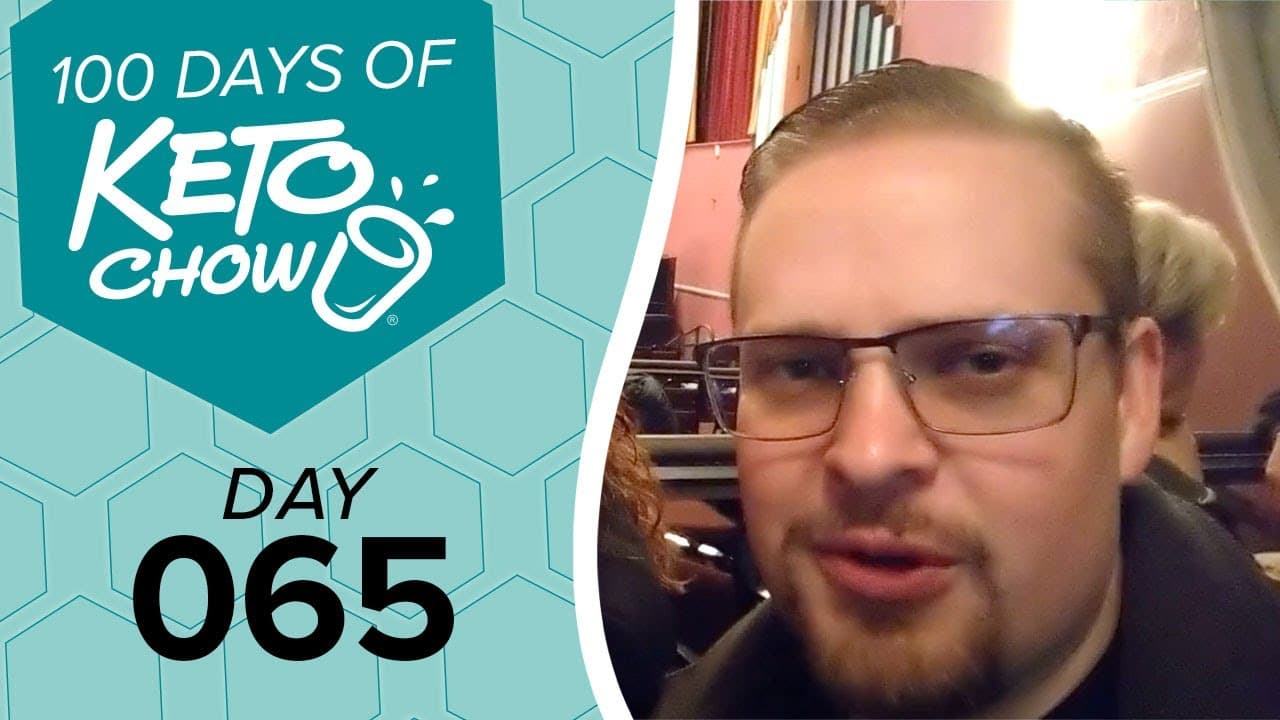 Teal graphic with white KETOCHOW logo, text 100 DAYS OF KETOCHOW and DAY 065. Adjacent is a man with glasses.