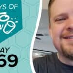 Left: Teal and light blue graphic with 100 DAYS OF KETO CHOW logo and DAY 069 text. Right: Smiling man with a beard.
