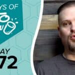 Teal graphic displays 100 DAYS OF KETO CHOW with a shaker logo, and DAY 072. Right side shows a bearded man with pursed lips against a wood plank background.