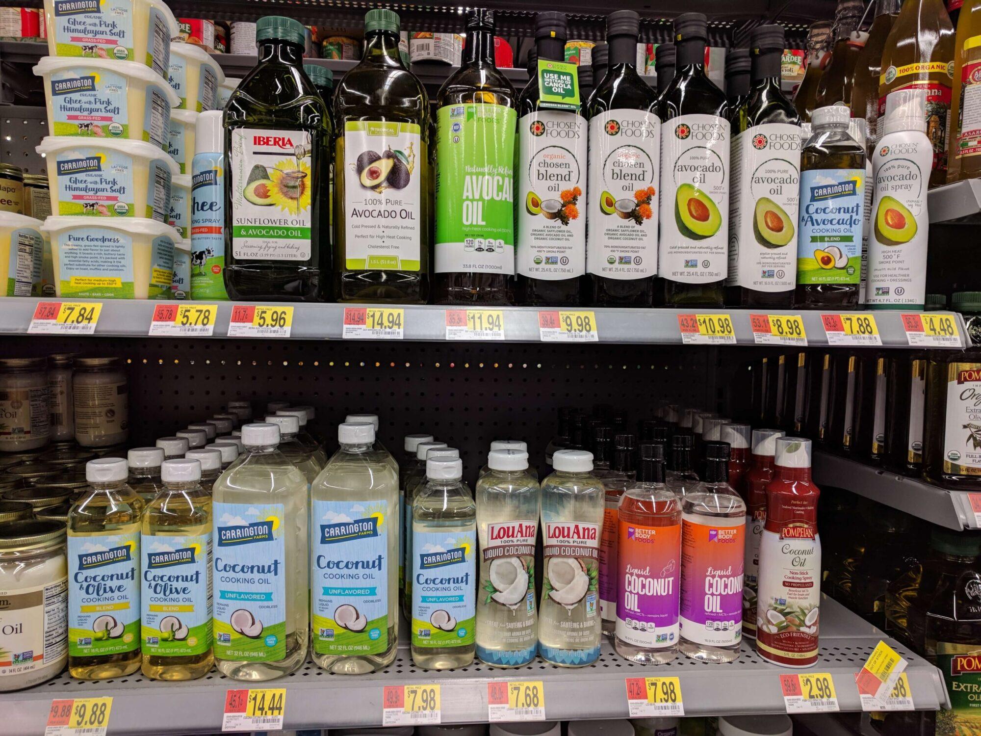 various oils on grocery store shelf