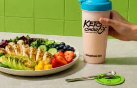 healthy plate of food and a Keto Chow in a BlenderBottle
