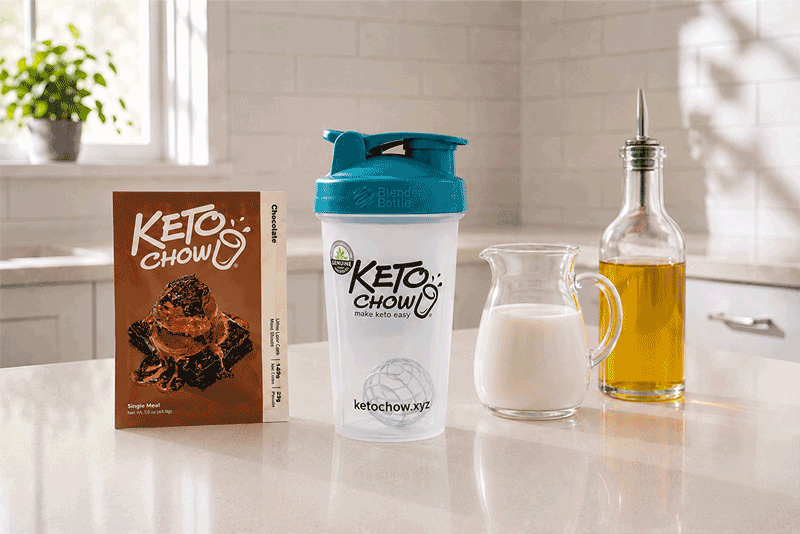 A gif of someone pouring Keto Chow and water into a Blender Bottle.