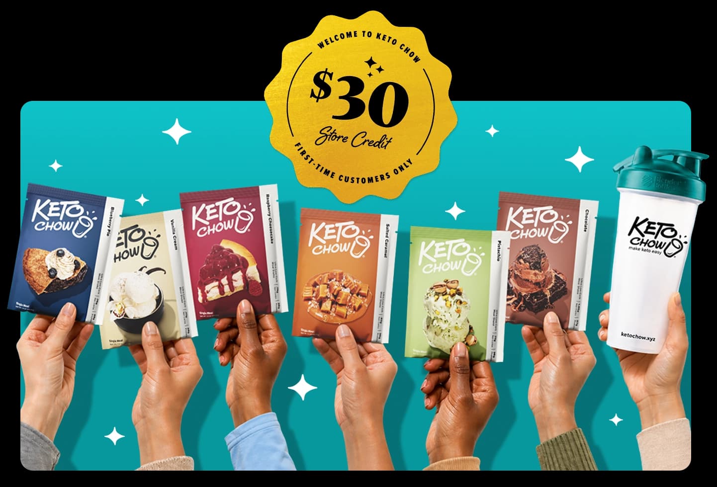 An array of hands holding different flavors of Keto Chow.