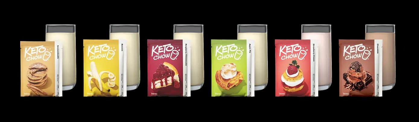 Six Keto Chow single-meal packets arranged in a row, each paired with a glass of prepared shake. Flavors include Snickerdoodle, Banana, Raspberry Cheesecake, Apple Pie, Strawberry Cream, and Chocolate. Each colorful packet features a graphic of the flavor inspiration, such as cookies, fruit, or cake, against a white background.