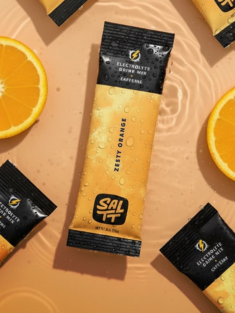 Packets of electrolyte drink mix labeled Zesty Orange with droplets of water are surrounded by sliced oranges on a light orange background. Energetic mood.