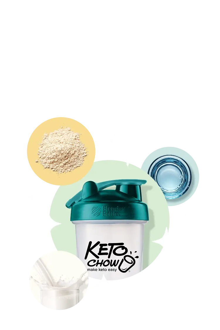 A blender bottle, milk, Keto Chow powder, and water.