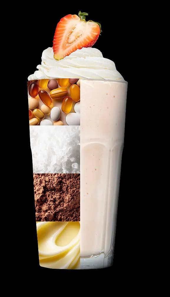 A tall glass containing a light pink shake topped with whipped cream and a strawberry slice. The left half of the glass is divided into four horizontal sections showing ingredients: various supplement capsules, white salt crystals, brown cocoa powder, and a creamy yellow liquid.