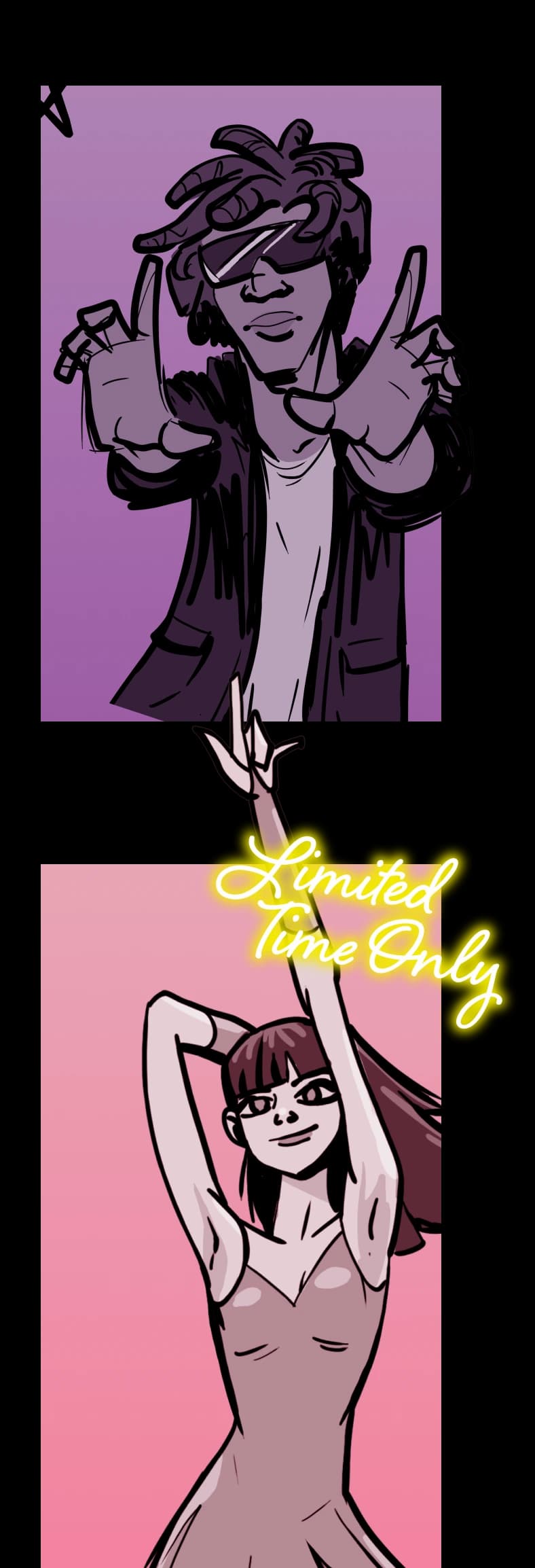 Illustrations of a man and woman posing on colored backgrounds.