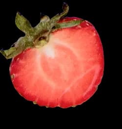A close-up cross-section of a fresh red strawberry with the green leafy stem attached at the top left. The slice shows the red and white interior patterns and a juicy texture. The image features a soft drop shadow.