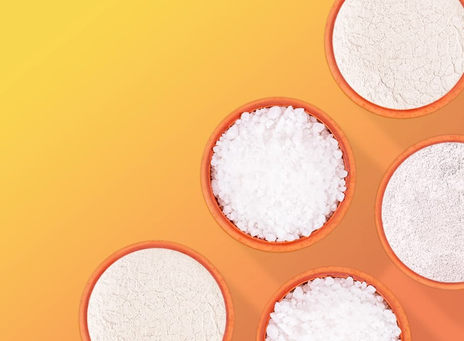 Overhead view of bowls of white granular material