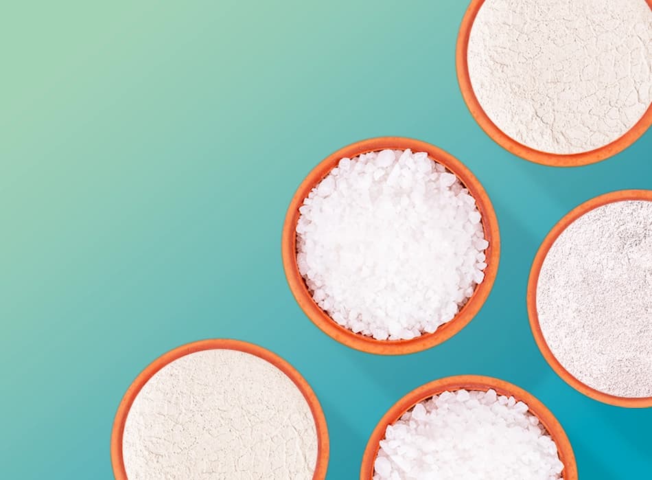Overhead view of bowls of white granular material