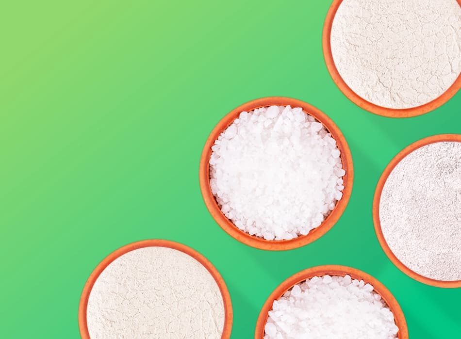 Overhead view of bowls of white granular material