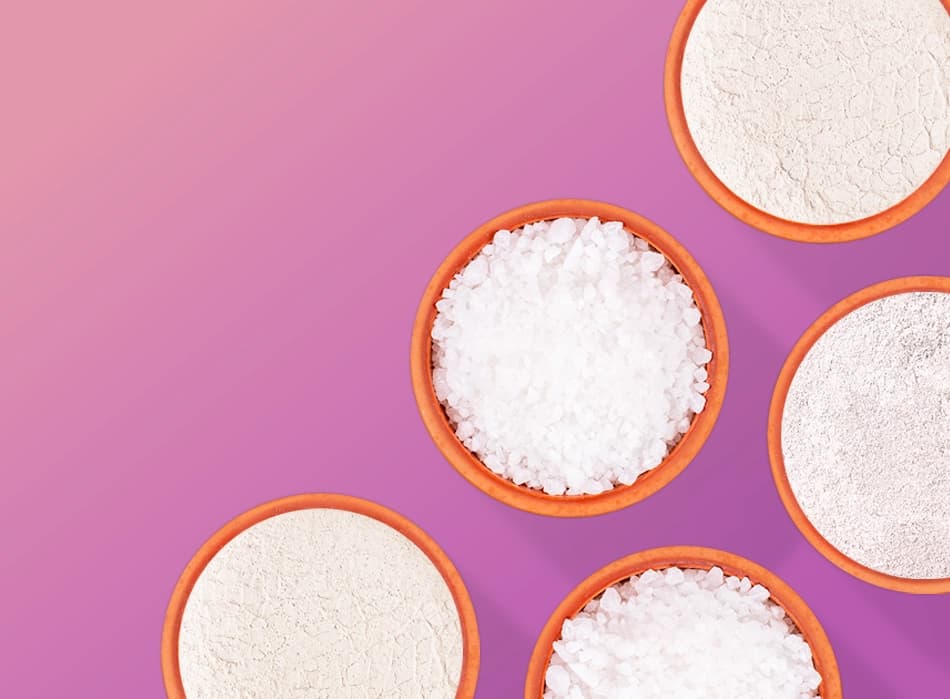 Overhead view of bowls of white granular material