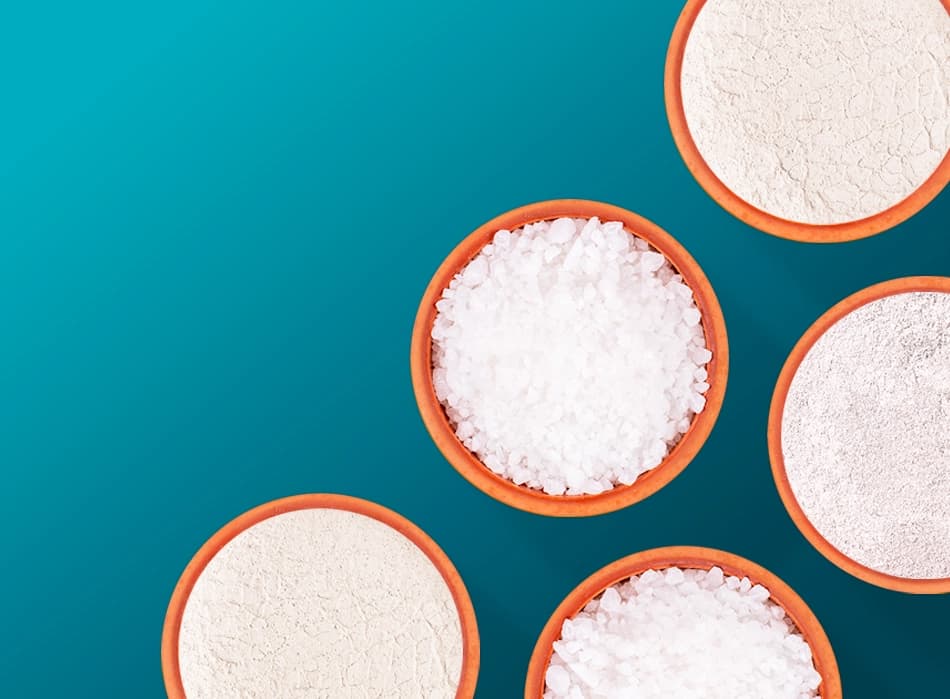 Overhead view of bowls of white granular material
