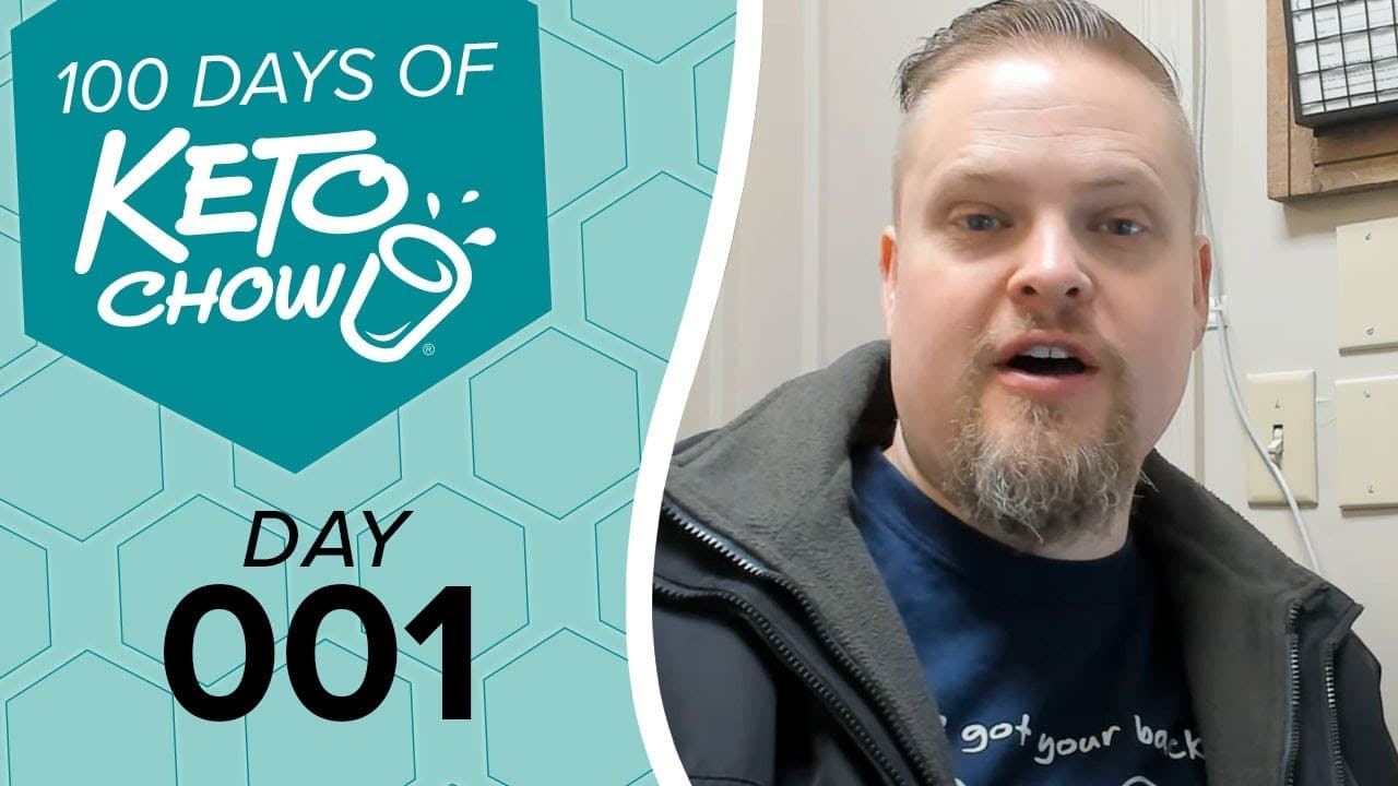 Teal and white graphic featuring 100 DAYS OF KETO CHOW with a cup logo and splash, over a hexagonal pattern. Black text below says DAY 001.