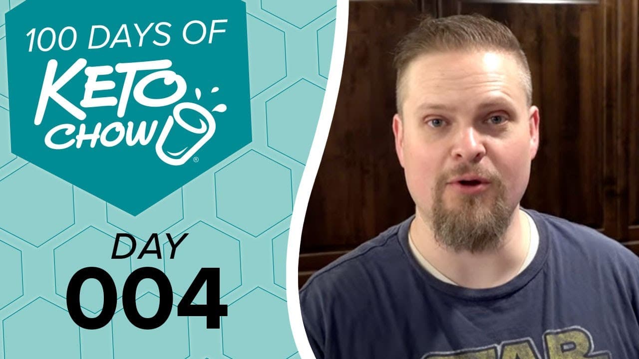 Keto Chow branding graphic: 100 DAYS OF KETO CHOW blender bottle logo, DAY 004. Teal and light teal hexagonal background.